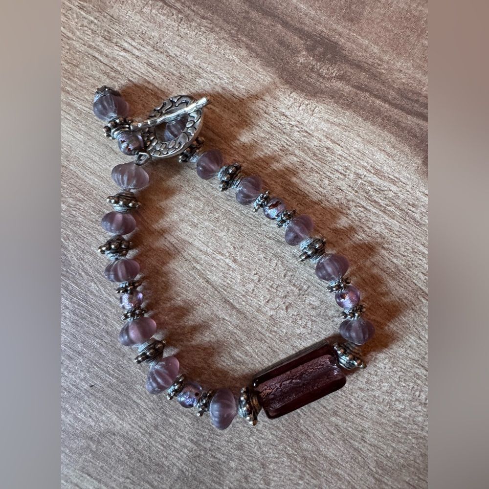 Purple Glass Beaded Bracelet Toggle Clasp Artisan Boho Bracelet